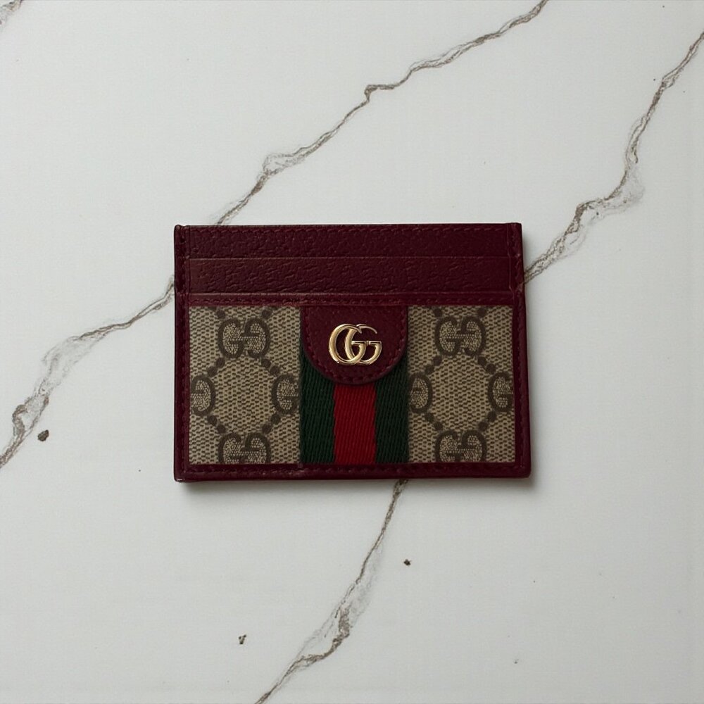 Gucci Ophidia GG Supreme Card Holder Burgundy Leather Trim | NWOT